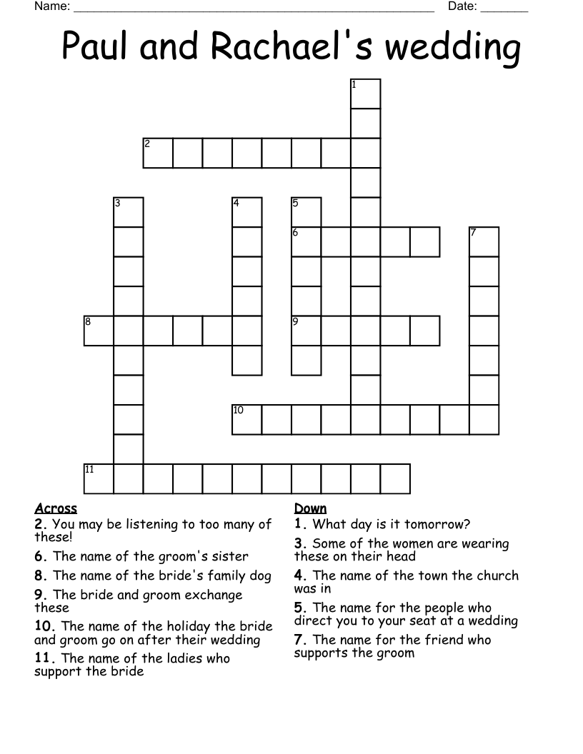 Paul and Rachael's wedding Crossword