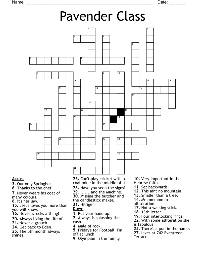 Pavender Class Crossword WordMint