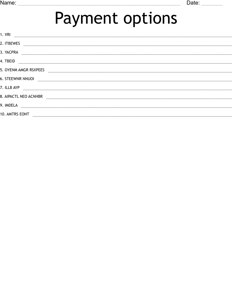 Payment options Word Scramble