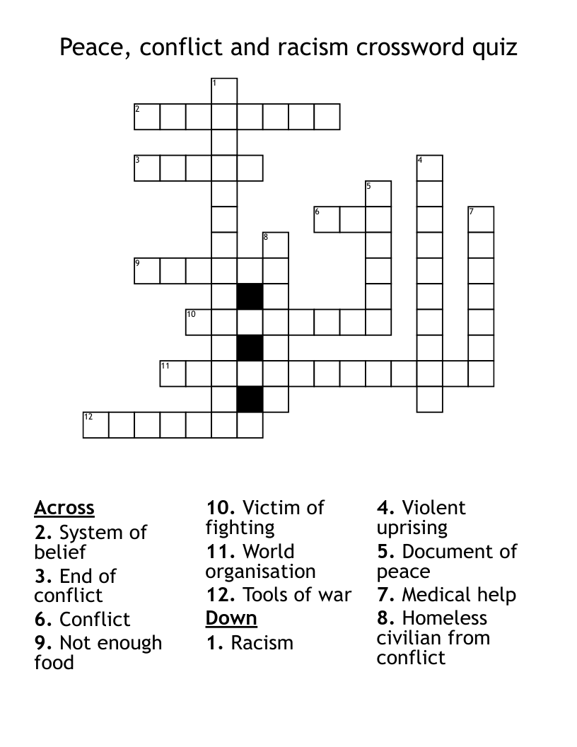 Peace, conflict and racism crossword quiz