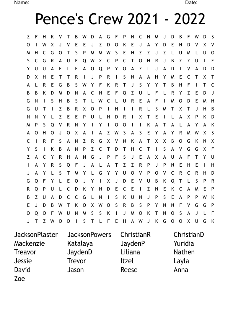 Pence's Crew 2021 - 2022 Word Search