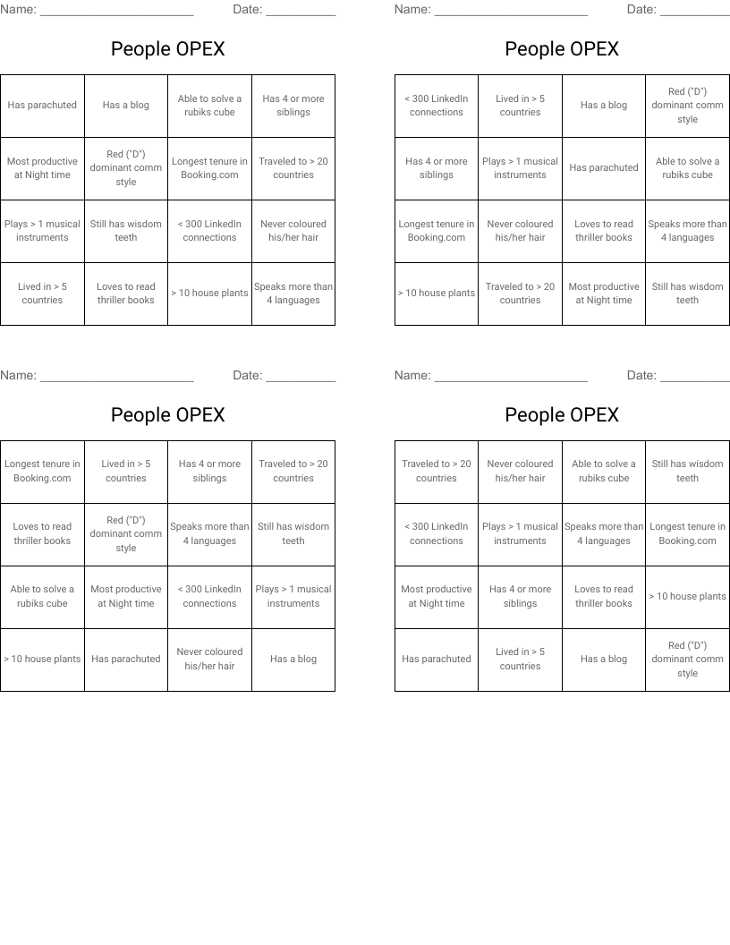 People OPEX Bingo Cards