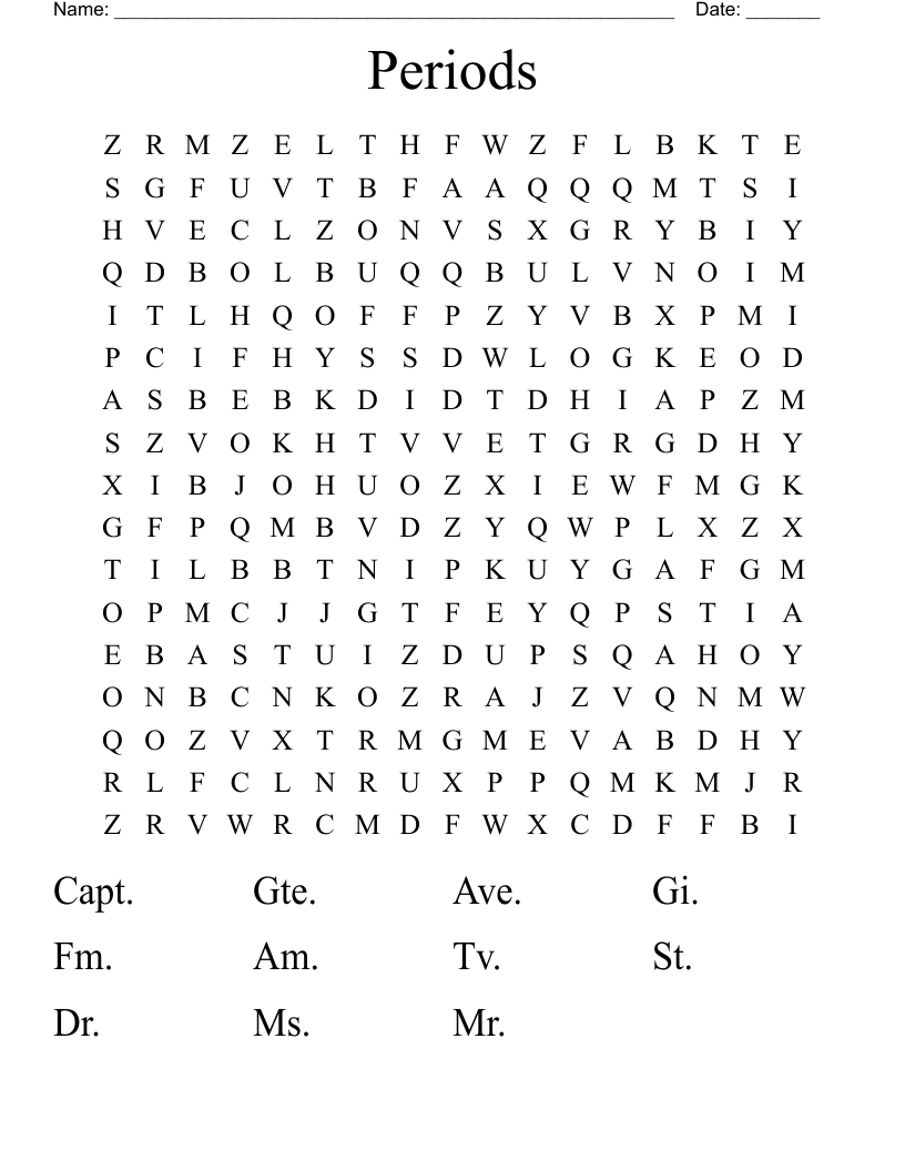 Periods Word Search