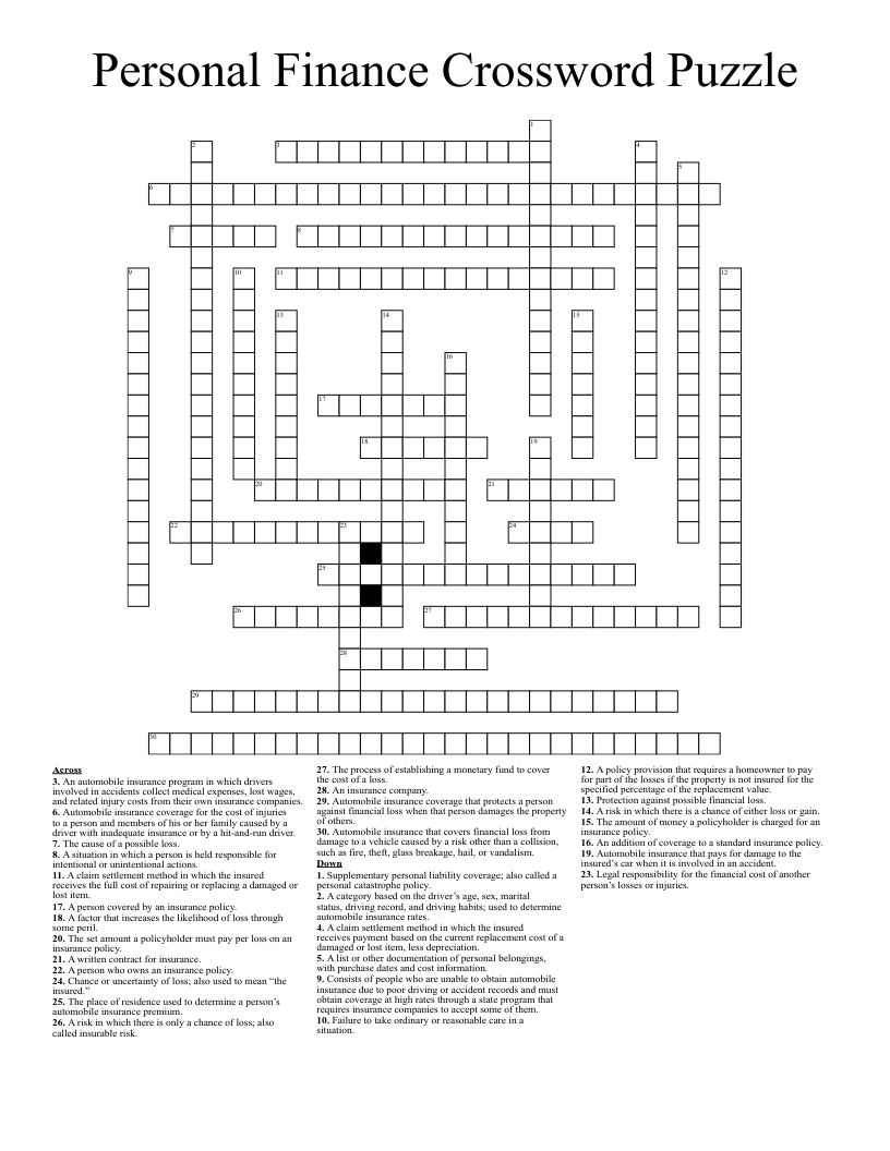 Personal Finance Crossword Puzzle WordMint