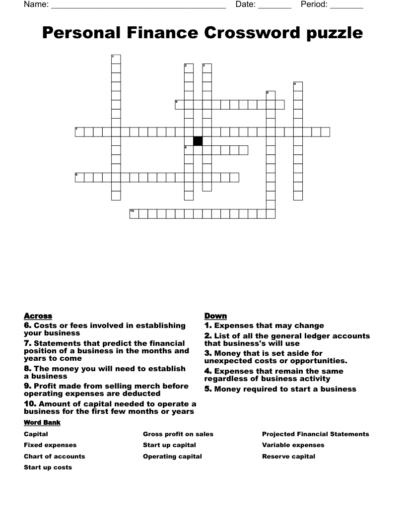 Personal Finance Crossword Puzzle WordMint