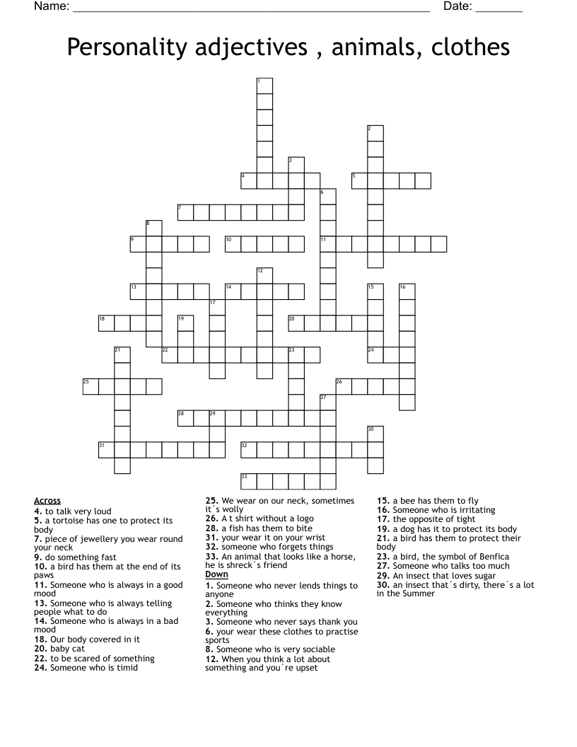 Personality adjectives ,  animals, clothes  Crossword