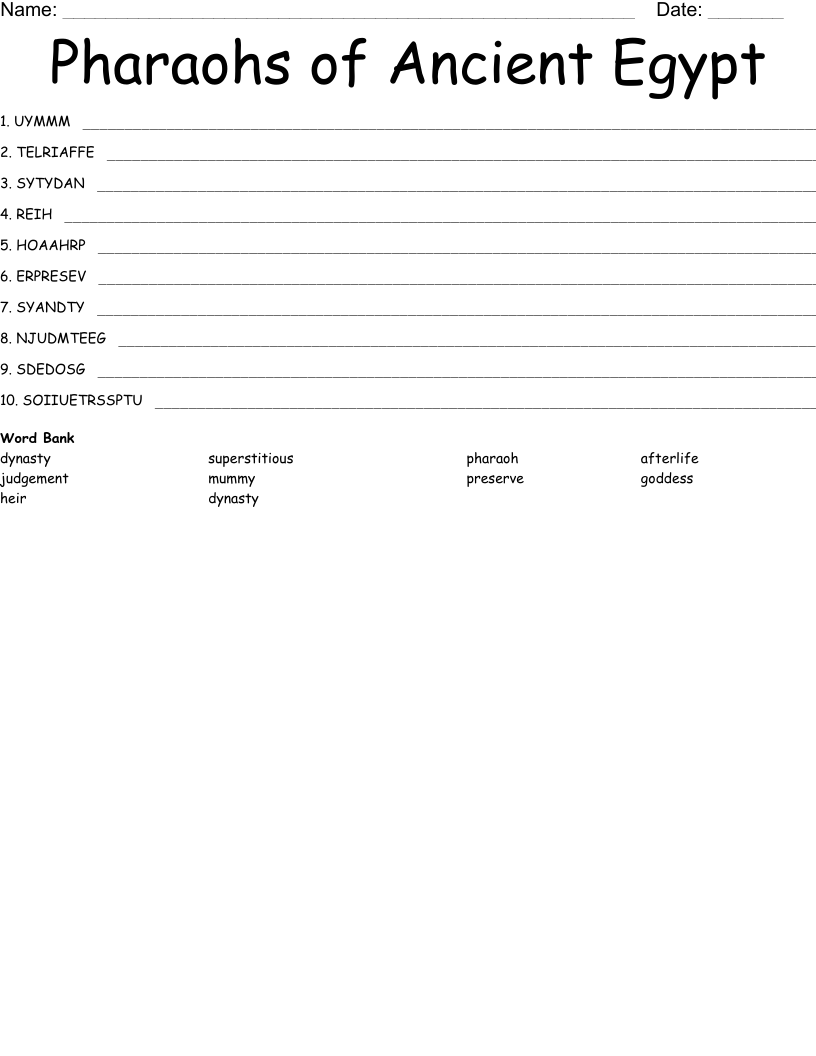 Pharaohs of Ancient Egypt  Word Scramble