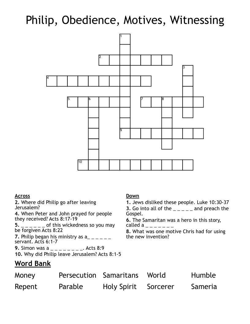 Philip, Obedience, Motives, Witnessing Crossword
