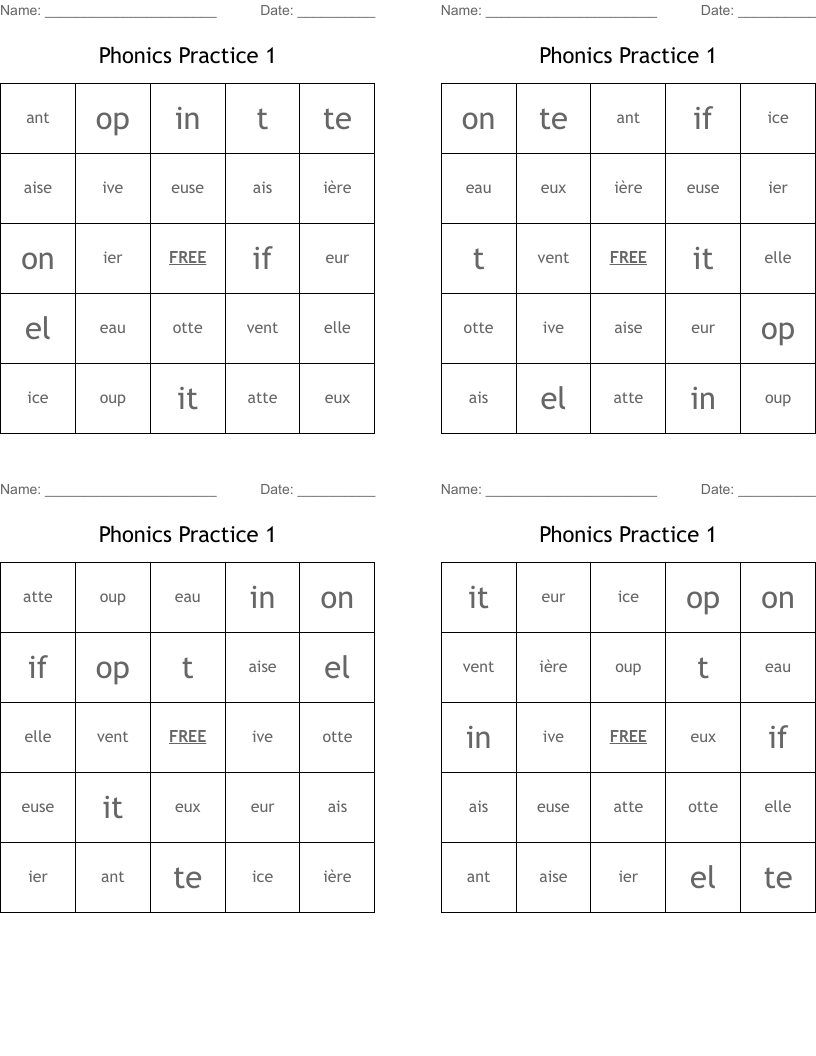 Phonics Practice 1 Bingo Cards