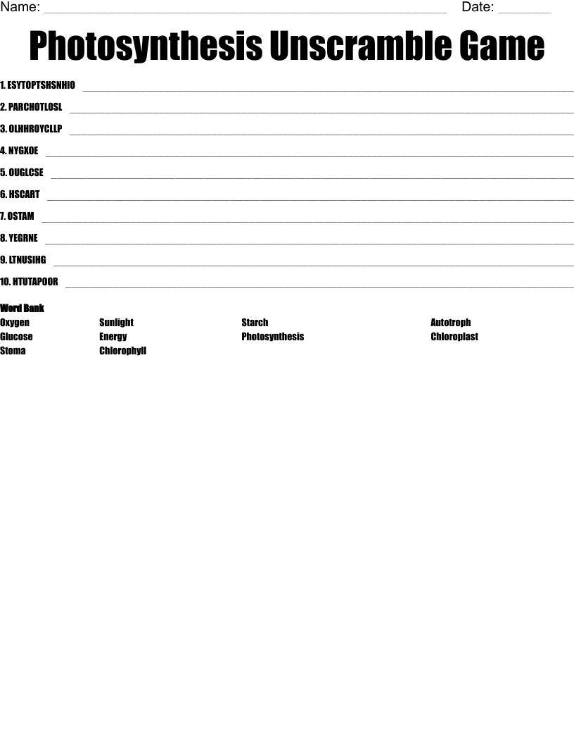 Photosynthesis Unscramble Game