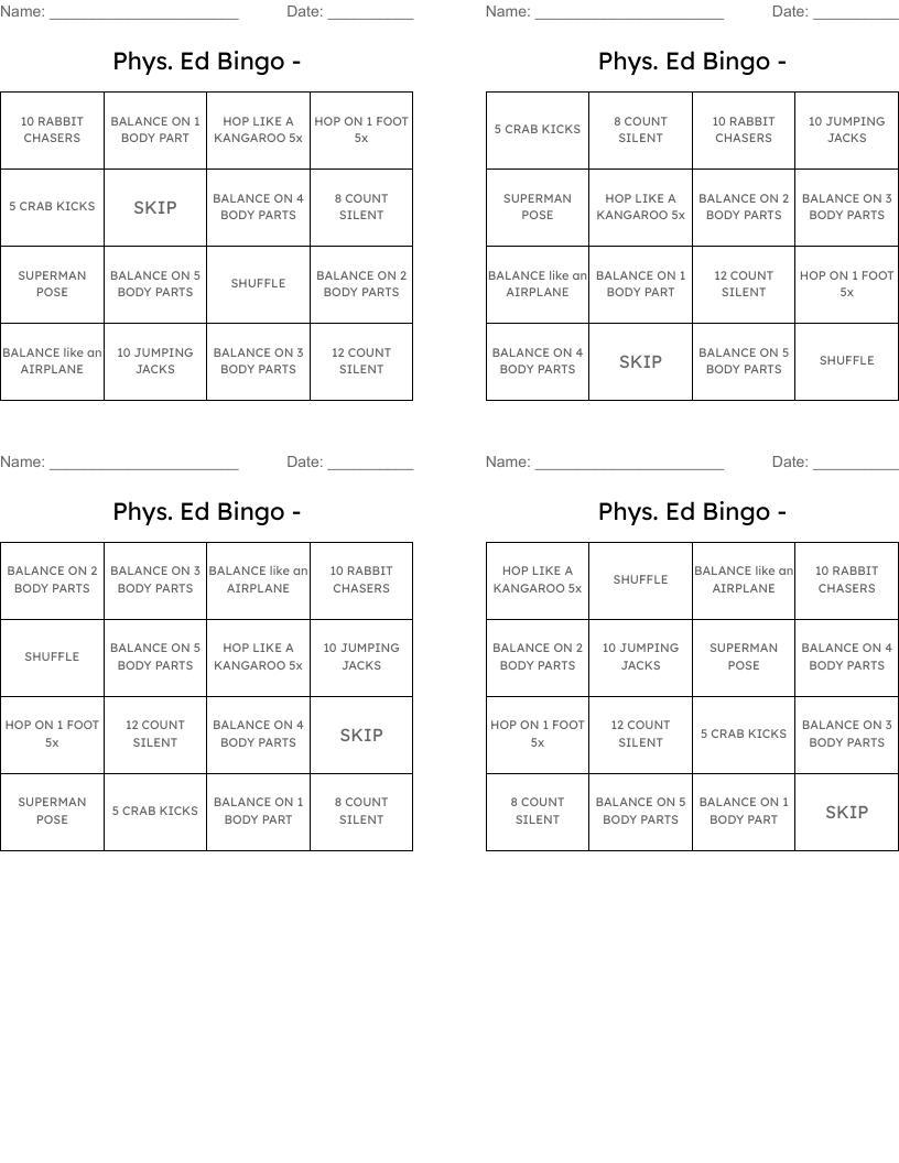 Phys. Ed Bingo - 
