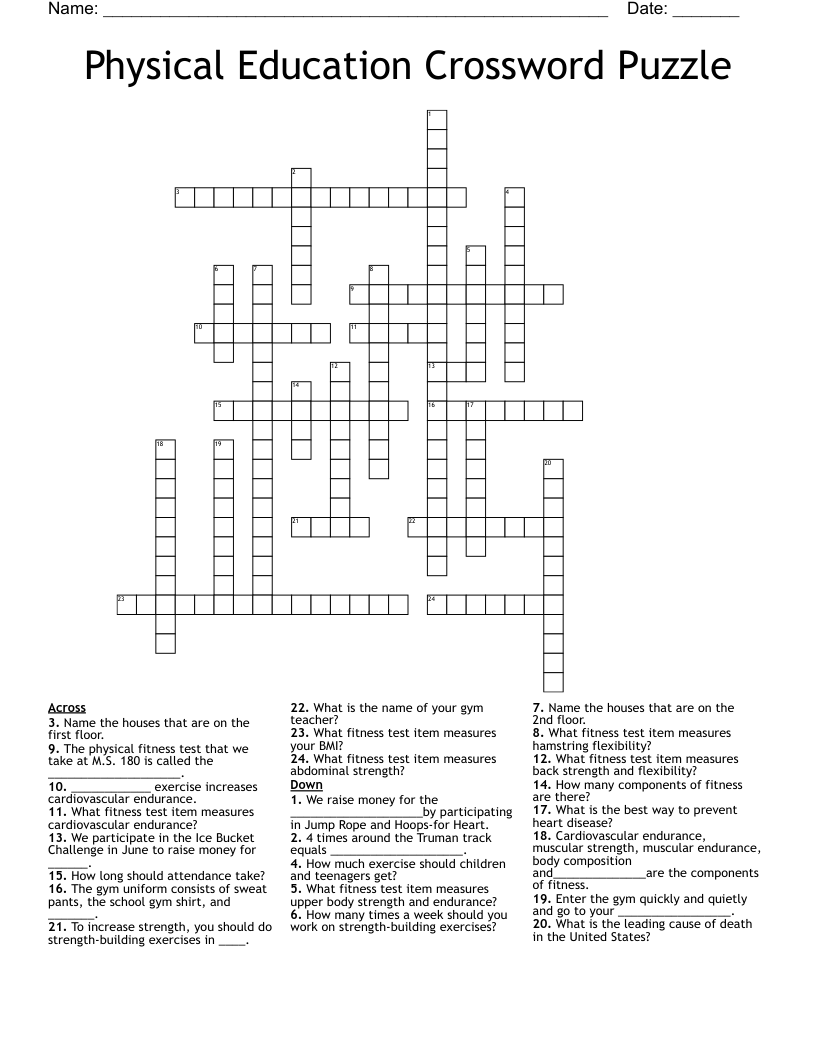 Physical Education Crossword Puzzle Wordmint Bank2home