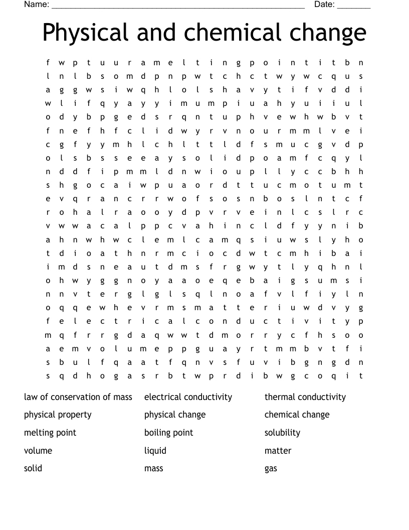 Physical and chemical change Word Search
