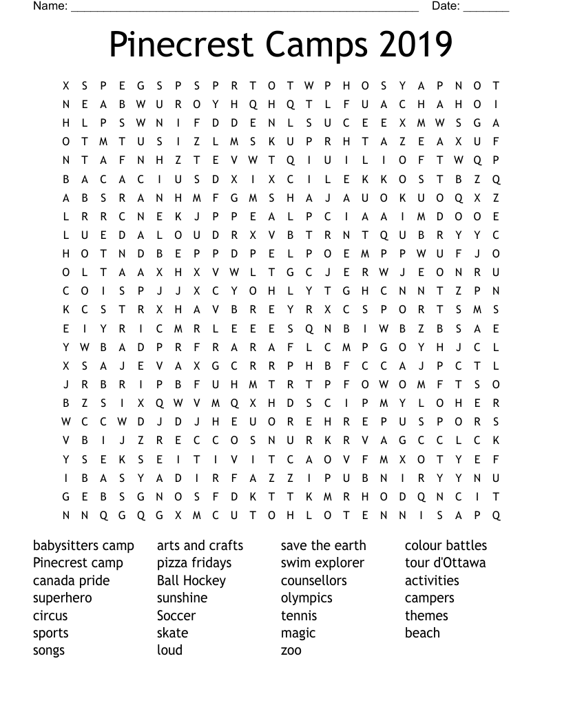 Pinecrest Camps 2019 Word Search