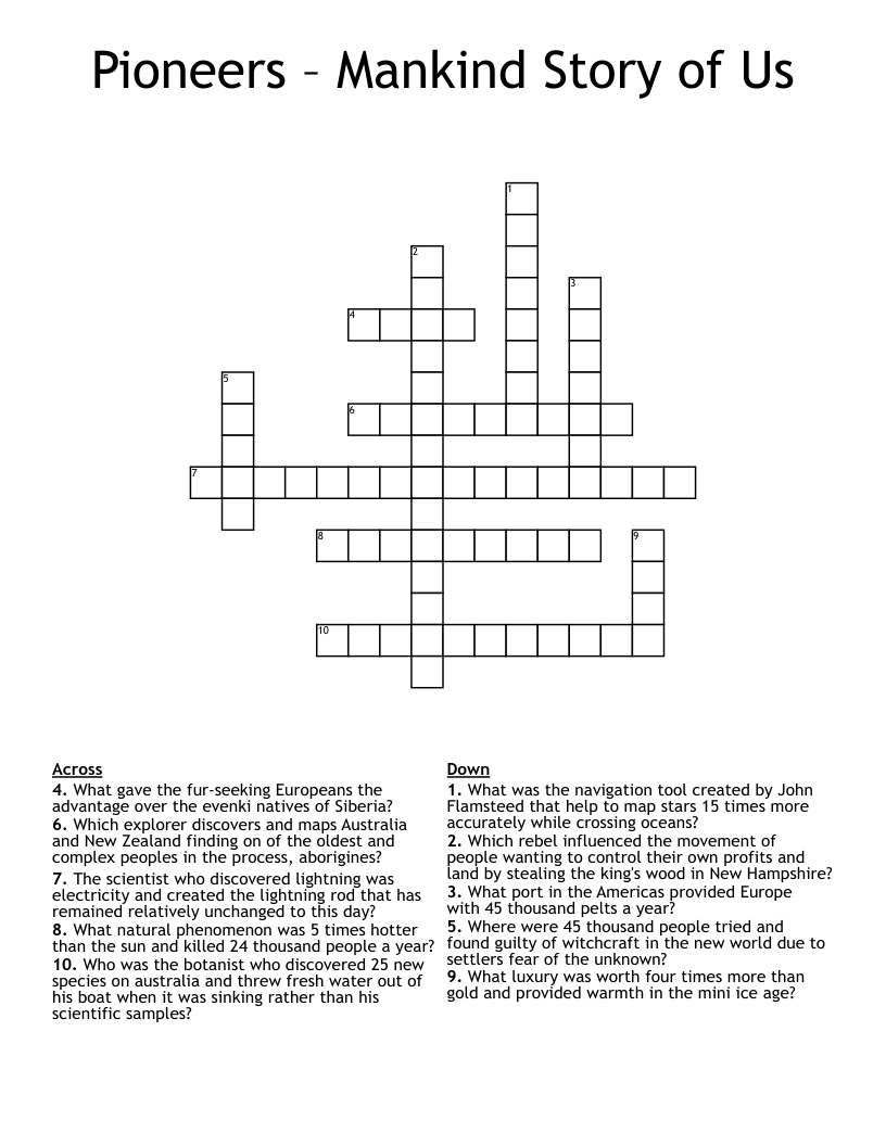 Pioneers – Mankind Story of Us Crossword