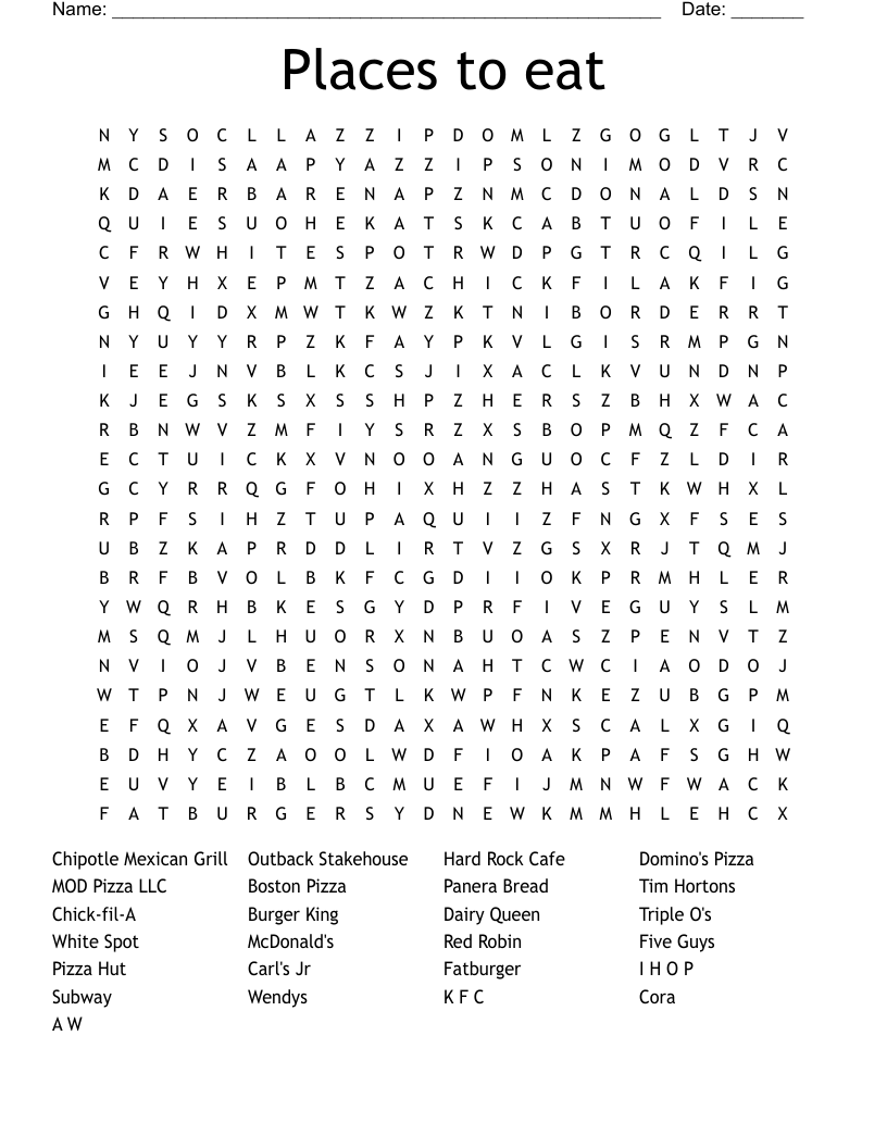 Places To Eat Word Search WordMint