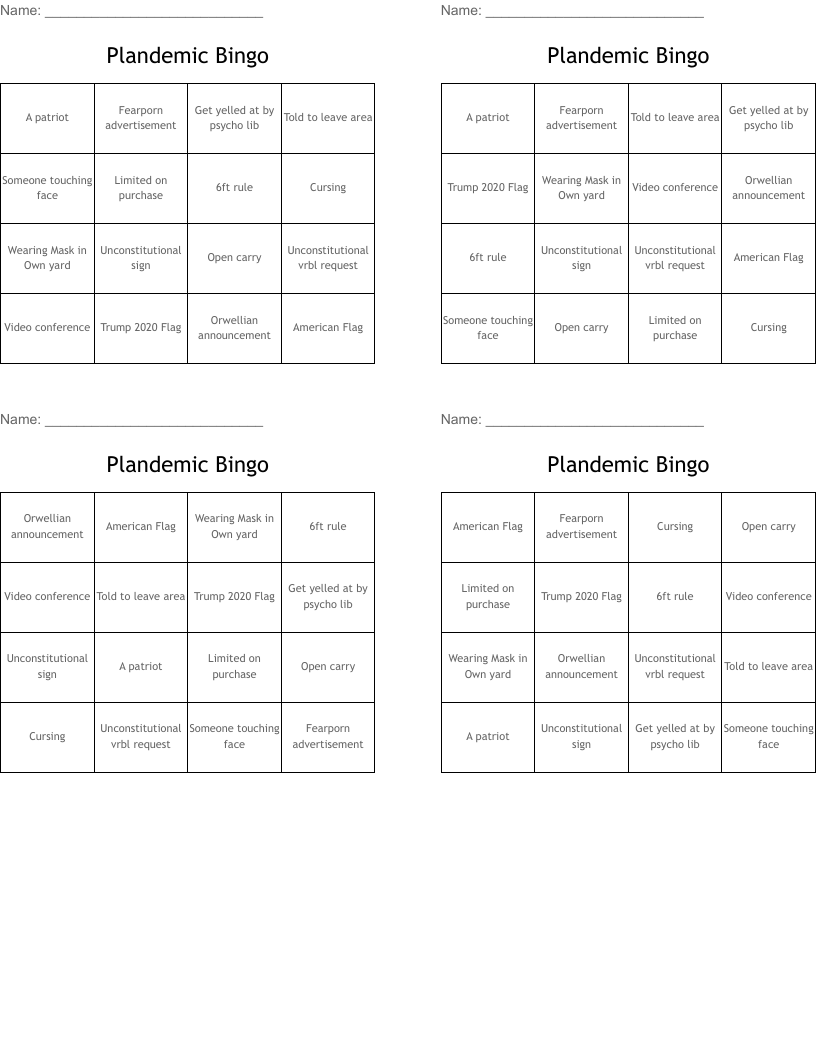 Plandemic Bingo