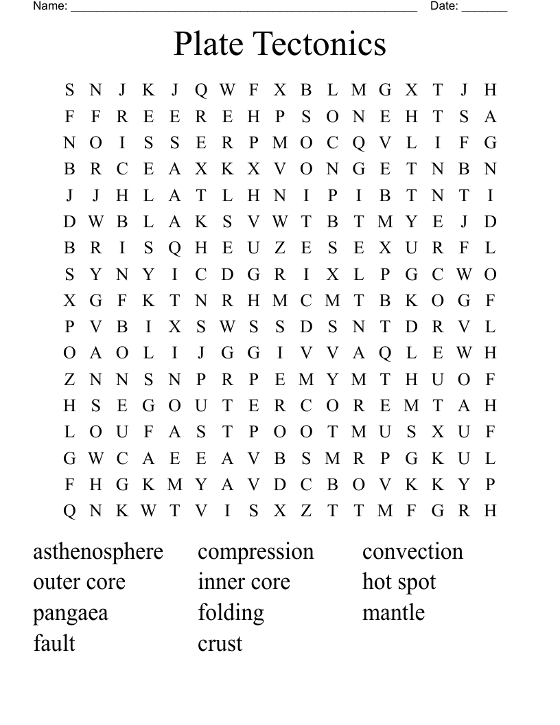 Plate Tectonics Word Search