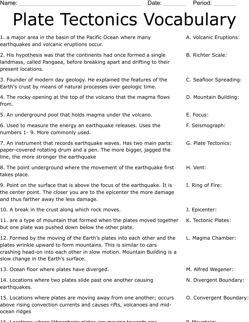 Plate Tectonics Worksheet Answer Key