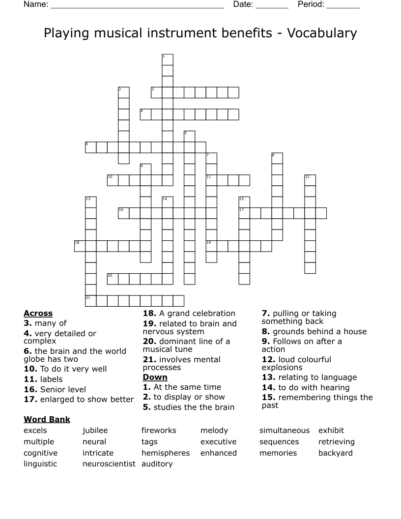Playing musical instrument benefits Vocabulary Crossword WordMint