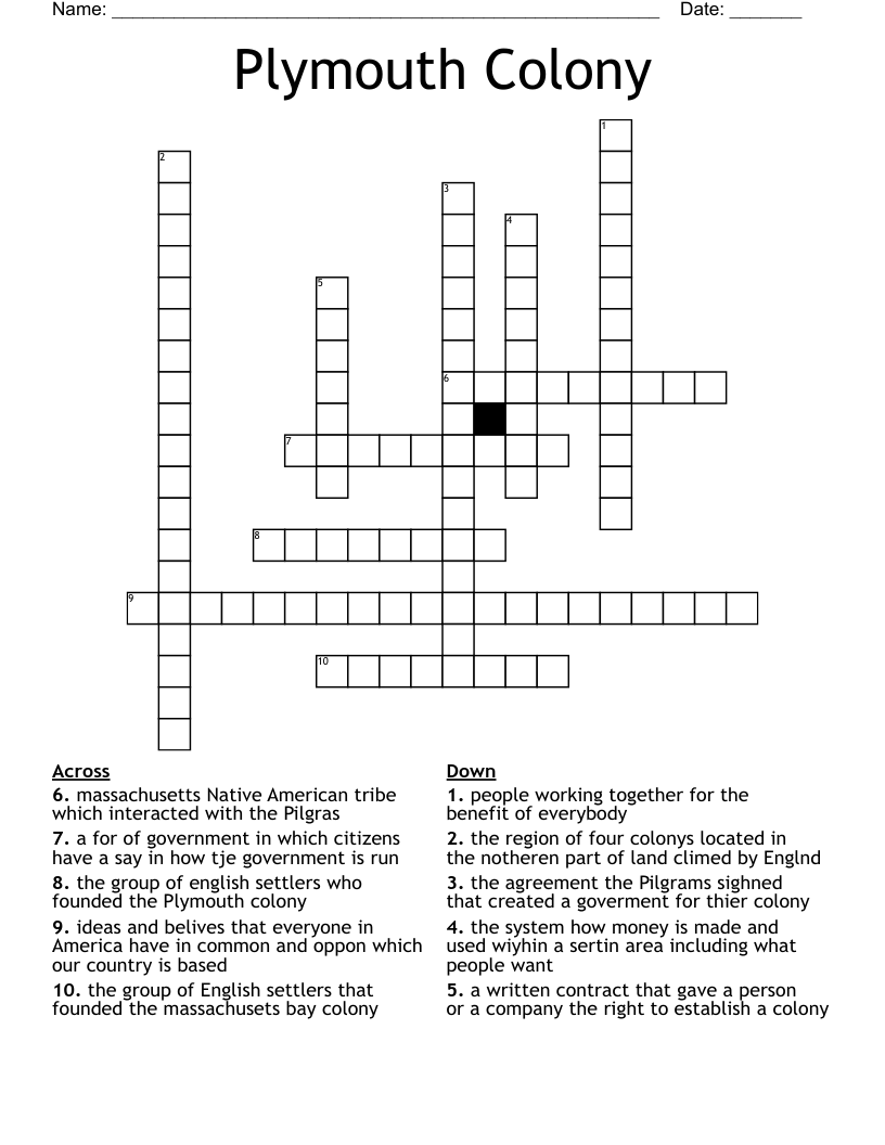 Plymouth Colony Crossword WordMint