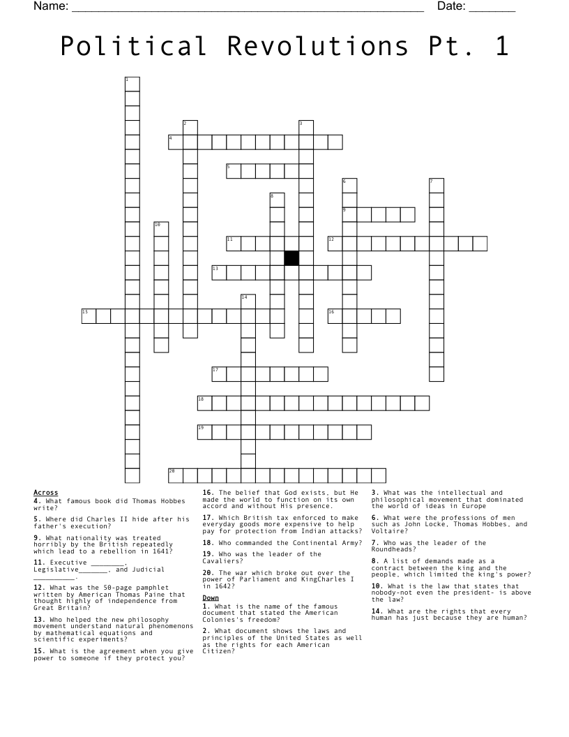 Political Revolutions Pt. 1 Crossword