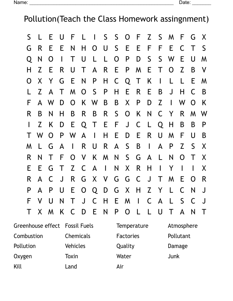 Pollution(Teach the Class Homework assingnment) Word Search