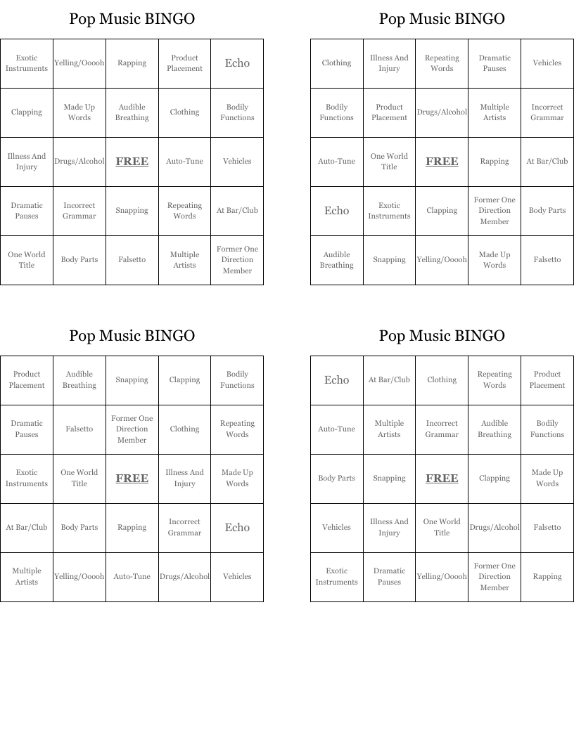 Pop Music BINGO