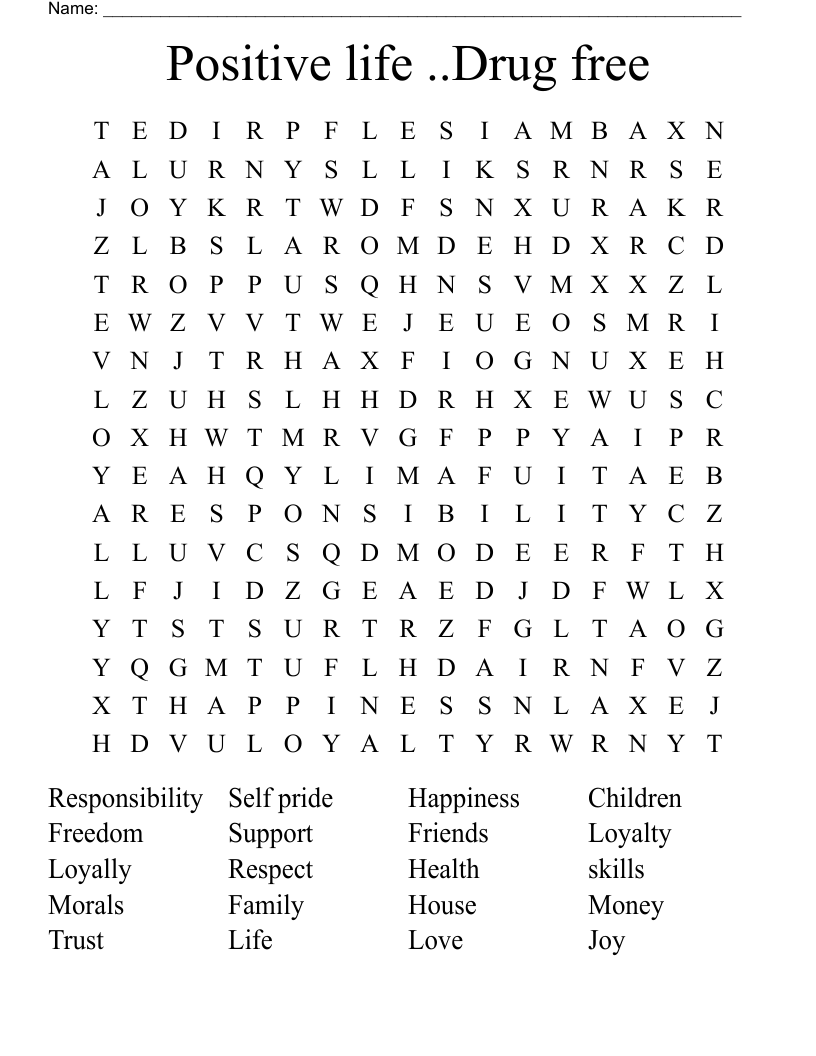 Positive life ..Drug free  Word Search