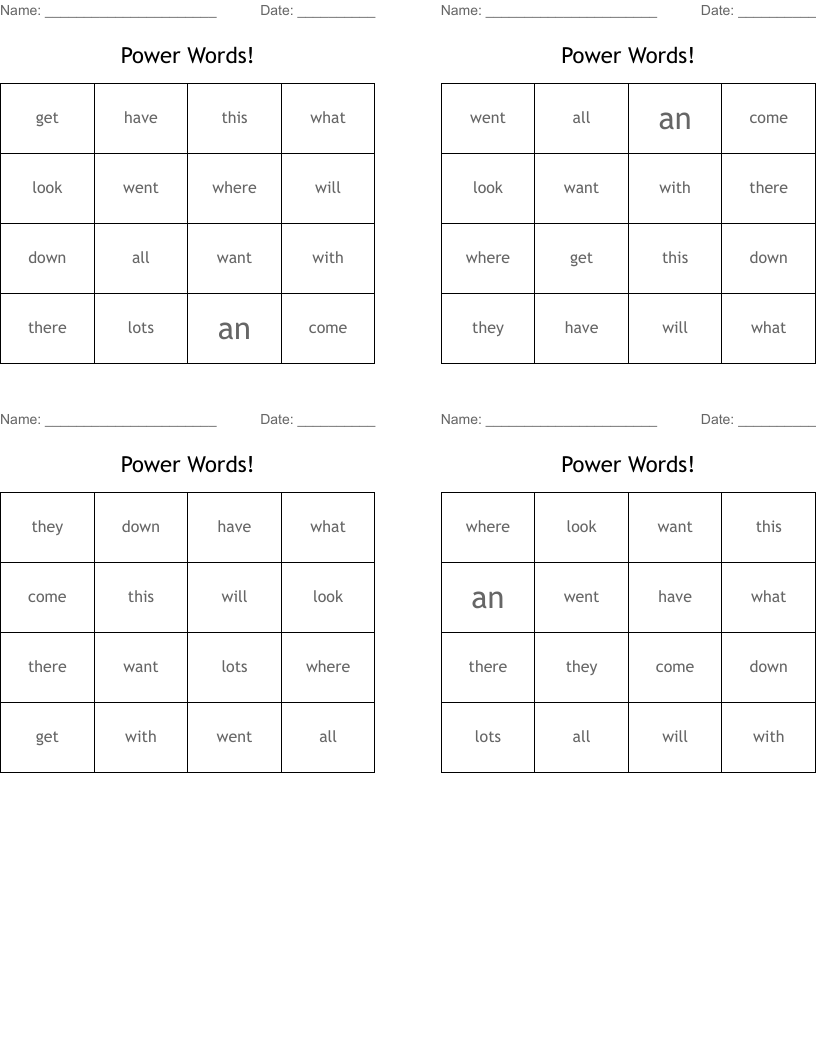 Power Words! Bingo Cards WordMint