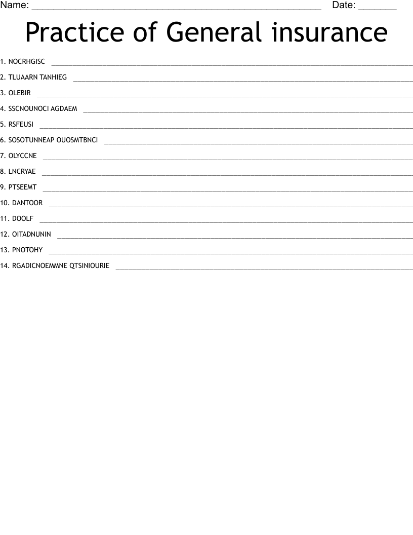 Practice of General insurance Word Scramble WordMint
