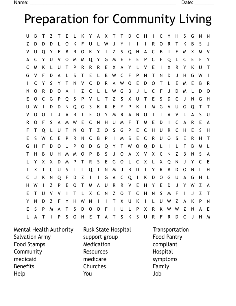 Preparation for Community Living Word Search