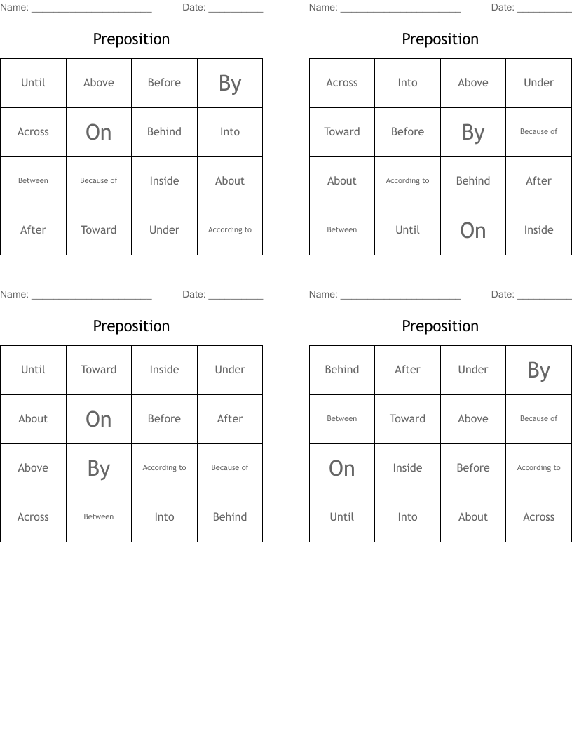 Preposition Bingo Cards