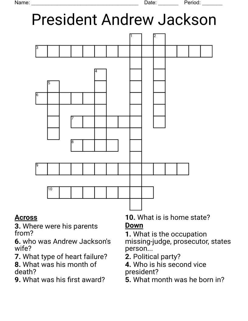President Andrew Jackson Crossword WordMint
