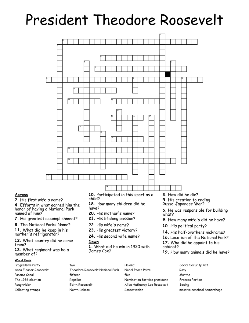 President Theodore Roosevelt Crossword WordMint