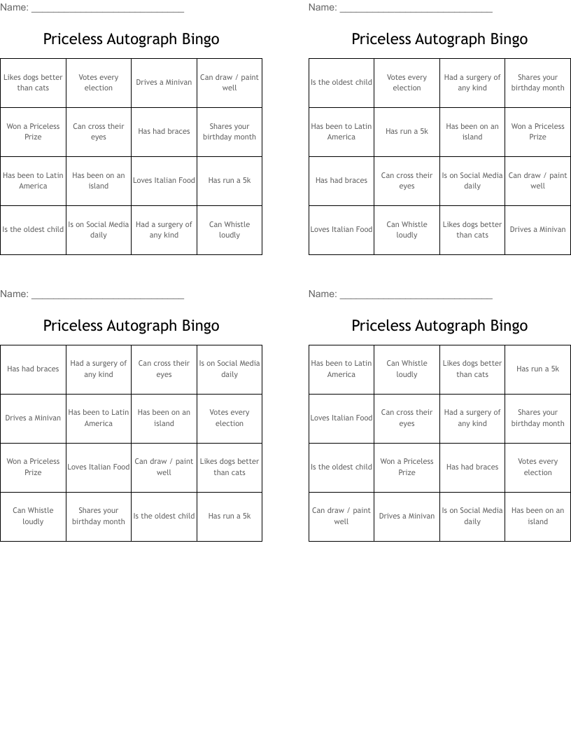 Priceless Autograph Bingo