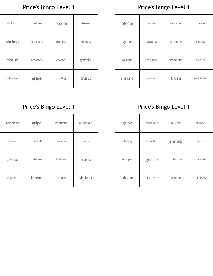 Price's Bingo Level 1 WordMint