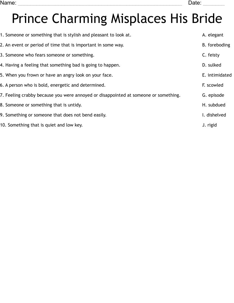 Prince Charming Misplaces His Bride Worksheet