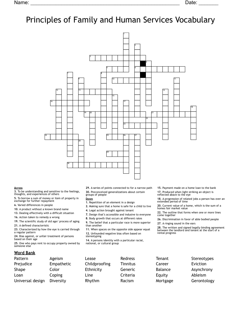 Principles of Family and Human Services Vocabulary  Crossword