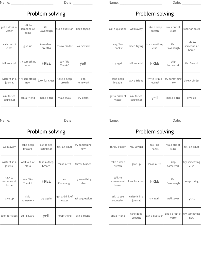Problem solving Bingo Cards - WordMint