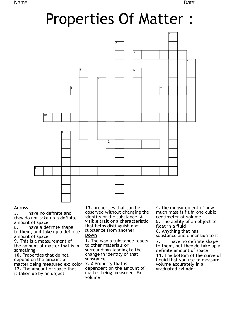Properties Of Matter Crossword WordMint