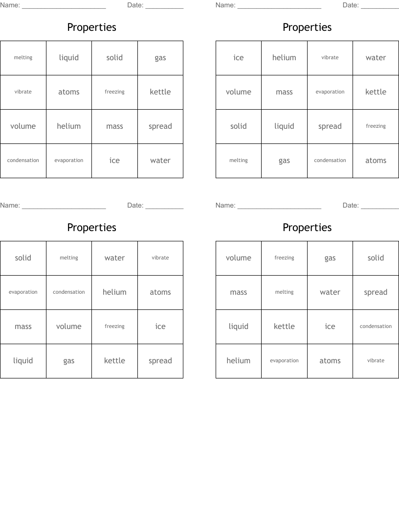 Properties  Bingo Cards