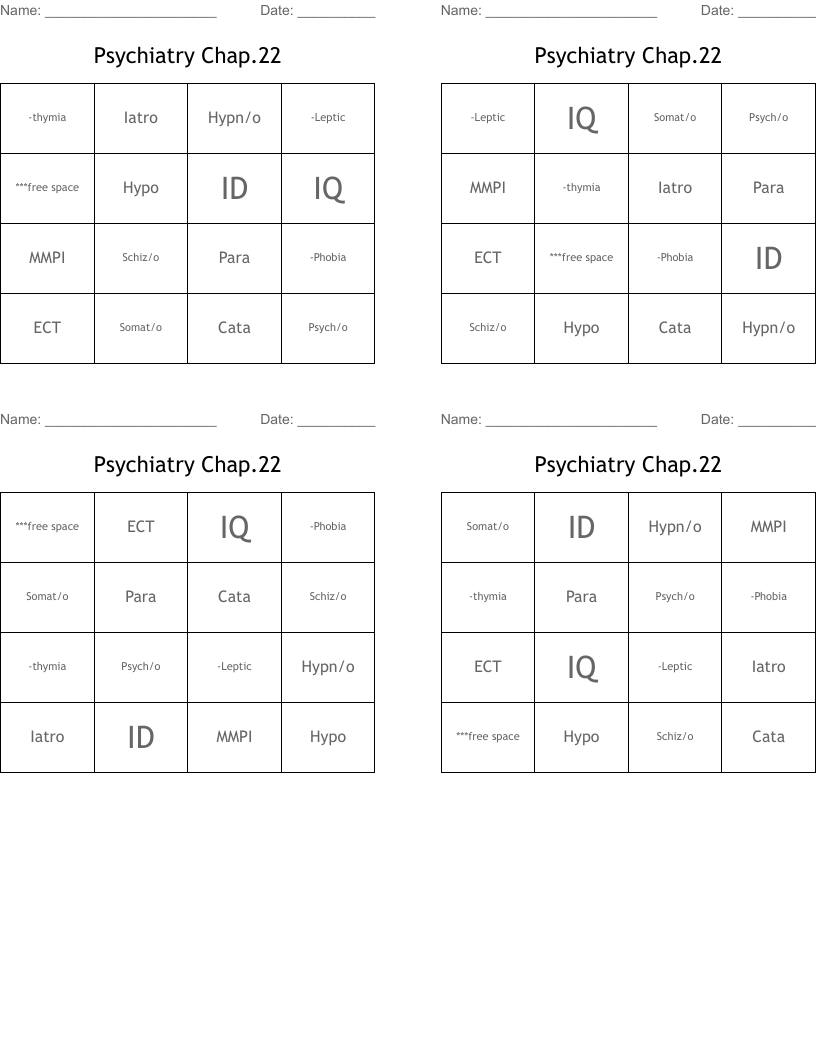 Psychiatry Chap.22 Bingo Cards WordMint