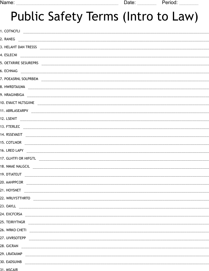 Public Safety Terms (Intro to Law) Word Scramble
