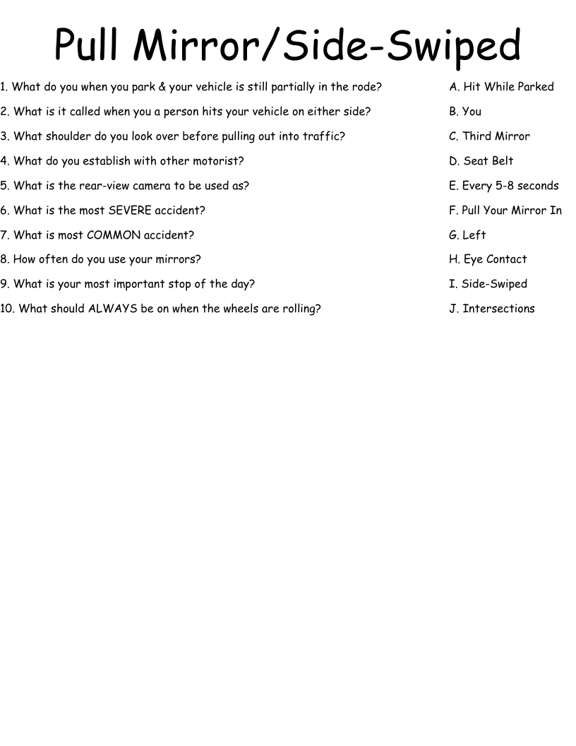 Pull Mirror/Side-Swiped Worksheet