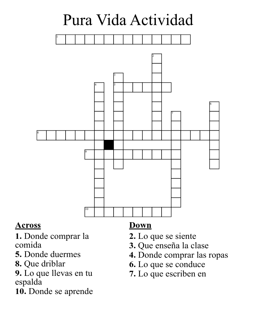Pura Vida Actividad Crossword