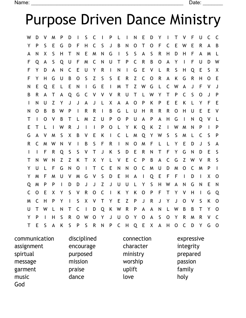 Purpose Driven Dance Ministry Word Search