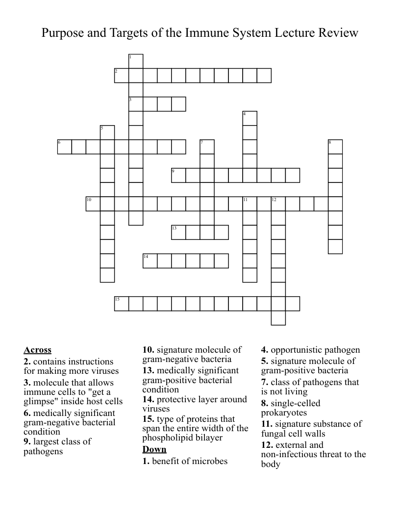 Purpose and Targets of the Immune System Lecture Review Crossword