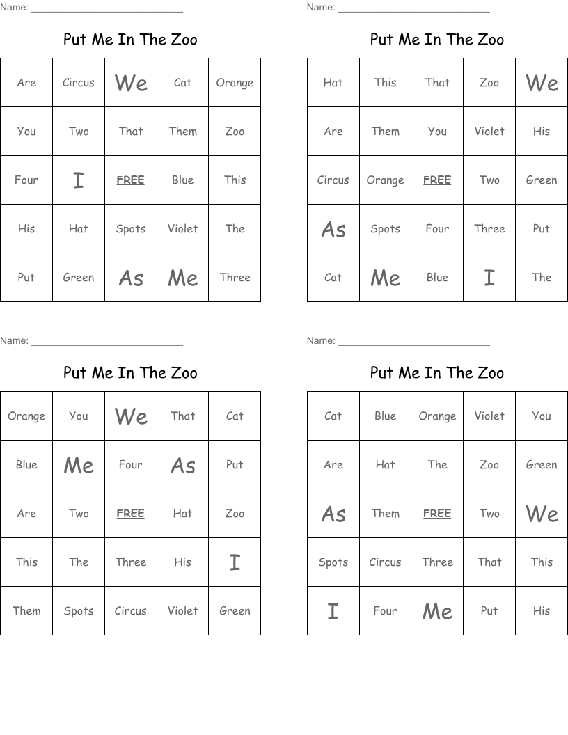 Put Me In The Zoo  Bingo Cards