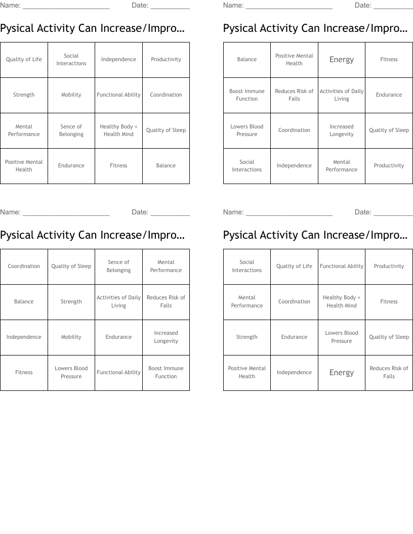 Pysical Activity Can Increase/Improve...... Bingo Cards